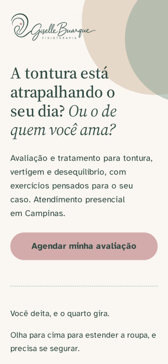 Topo da página de Giselle Buarque, fisioterapeuta, começando pela pergunta sobre a tontura